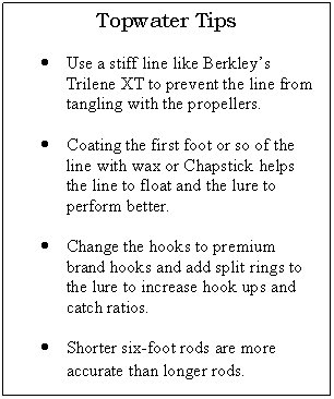 Text Box: Topwater Tips

	Use a stiff line like Berkleys Trilene XT to prevent the line from tangling with the propellers.

	Coating the first foot or so of the line with wax or Chapstick helps the line to float and the lure to perform better.

	Change the hooks to premium brand hooks and add split rings to the lure to increase hook ups and catch ratios.

	Shorter six-foot rods are more accurate than longer rods. 
